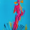 Cinthya giclée print detail by Zanate – contemporary Venus figure in hot pink with orange flowing hair standing on a seashell