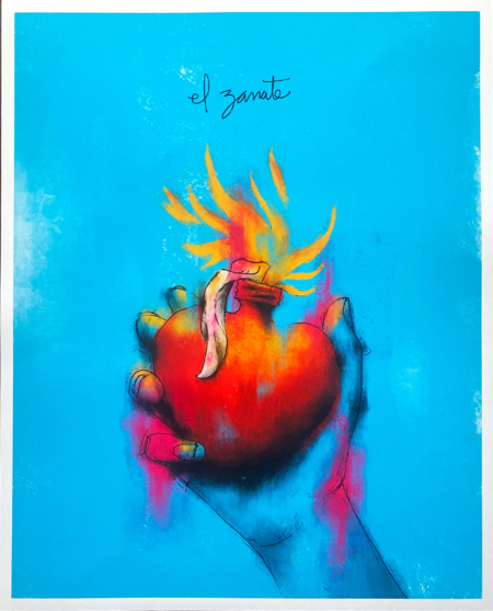 Sagrado Corazón full artwork by El Zanate – hand holding a burning sacred heart against a sky-blue background, signed giclée print
