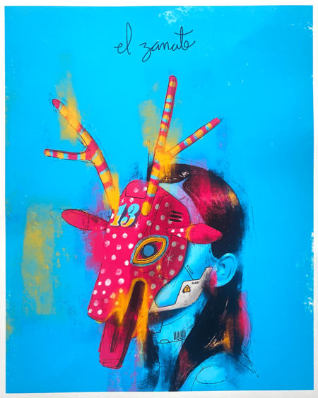 Venado Cyberpunk full artwork by El Zanate – figure wearing a Guatemalan-inspired deer mask with number 13 and cyberpunk elements on blue background
