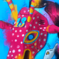Close-up of Venado Cyberpunk print by El Zanate – Guatemalan traditional deer mask detail with striped antlers, polka dots, and number 13 on Epson Enhanced Matte paper