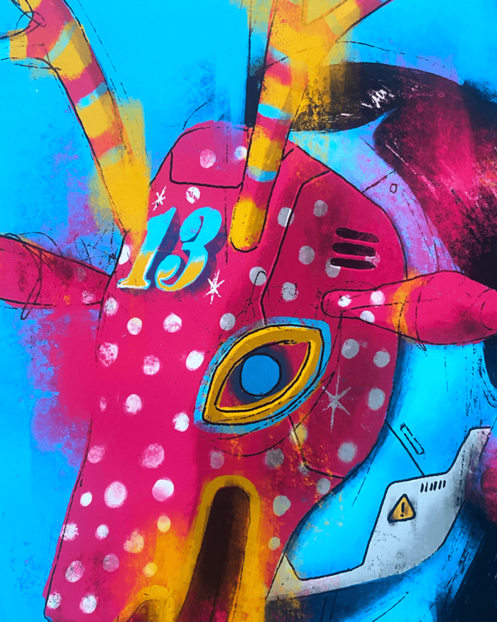 Close-up of Venado Cyberpunk print by El Zanate – Guatemalan traditional deer mask detail with striped antlers, polka dots, and number 13 on Epson Enhanced Matte paper