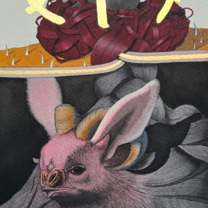 Metamorfosis del Cadejo original artwork by Manuel Navichoc – mixed media ink watercolor and gold leaf on cotton paper featuring a bat with intricate linework, gold leaf crosses, and crimson woven textures inspired by Guatemalan Cadejo legend