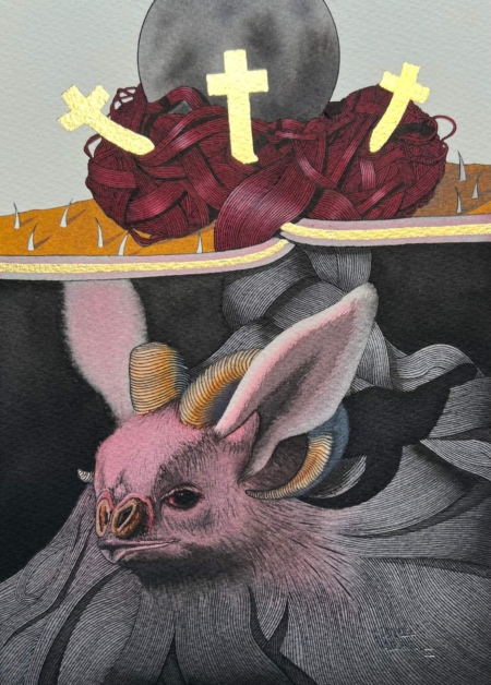 Metamorfosis del Cadejo original artwork by Manuel Navichoc – mixed media ink watercolor and gold leaf on cotton paper featuring a bat with intricate linework, gold leaf crosses, and crimson woven textures inspired by Guatemalan Cadejo legend