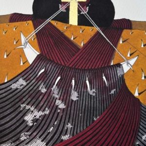 Secuelas by Manuel Navichoc – detail of original ink and gold leaf artwork on cotton paper showing burgundy striped Guatemalan textiles, crossed knitting needles, gold leaf cross, white thorns on ochre ground, and torn fabric textures from the Identity series