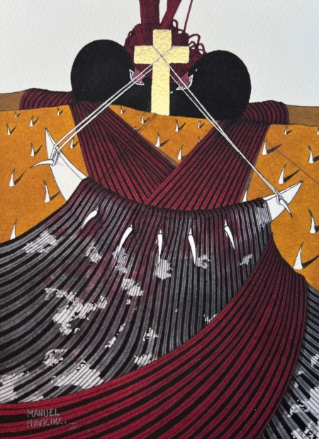 Secuelas by Manuel Navichoc – detail of original ink and gold leaf artwork on cotton paper showing burgundy striped Guatemalan textiles, crossed knitting needles, gold leaf cross, white thorns on ochre ground, and torn fabric textures from the Identity series